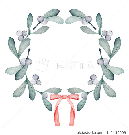 Mistletoe watercolor circle frame illustration with red bow and paper texture Mistletoe watercolor circle frame illustration with red bow and paper texture 141136609