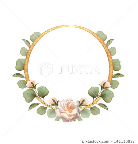Cute hand-drawn circular rose and leaves gold frame wreath botanical illustration 141136852
