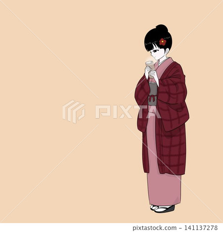 身穿羽織外套的女子手捧一罐熱飲——秋日的一刻。 身穿羽織外套的女子手捧一罐熱飲——秋日的一刻。 141137278