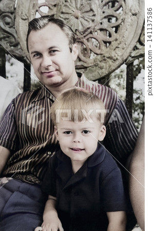 Father and Young Son Posing Together Outdoors in Dnipropetrovsk, Ukraine, May 1971 141137586