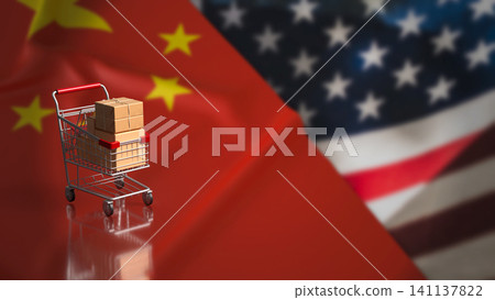 Shopping Cart Parcels Between China And America Trade Flags 3d render. Shopping Cart Parcels Between China And America Trade Flags 3d render. 141137822