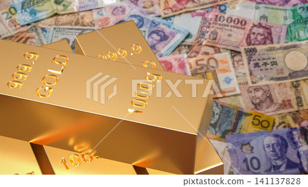 Global Currency And Gold Bullion Investment Wealth Concept 3d render. Global Currency And Gold Bullion Investment Wealth Concept 3d render. 141137828