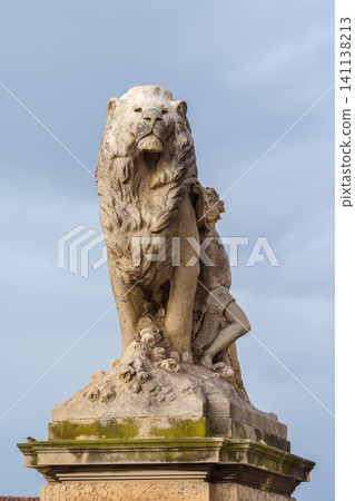 MARSEILLE, FRANCE - 10 Nov 2018 - Lion statue of the stairs decoration near the Saint Charles train station in Marseille MARSEILLE, FRANCE - 10 Nov 2018 - Lion statue of the stairs decoration near the Saint Charles train station in Marseille 141138213