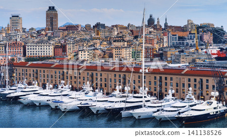 GENOA, ITALY - NOVEMBER 04, 2018 - Aerial panoramic view of the historic centre and the port of the city GENOA, ITALY - NOVEMBER 04, 2018 - Aerial panoramic view of the historic centre and the port of the city 141138526