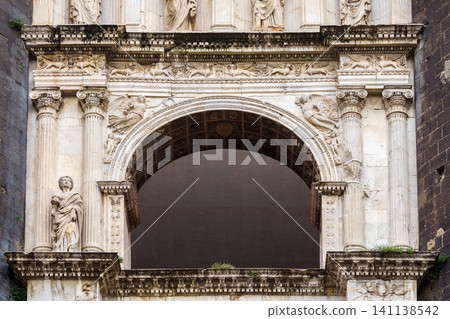 NAPLES, ITALY - NOVEMBER 05, 2018 - The medieval castle of Maschio Angioino or Castel Nuovo or New Castle and its elements of decoration, Napoli NAPLES, ITALY - NOVEMBER 05, 2018 - The medieval castle of Maschio Angioino or Castel Nuovo or New Castle and its elements of decoration, Napoli 141138542