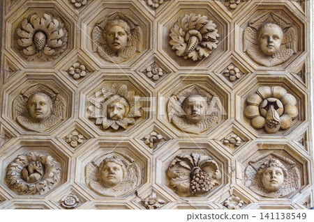 NAPLES, ITALY - NOVEMBER 05, 2018 - The medieval castle of Maschio Angioino or Castel Nuovo or New Castle and its elements of decoration, Napoli NAPLES, ITALY - NOVEMBER 05, 2018 - The medieval castle of Maschio Angioino or Castel Nuovo or New Castle and its elements of decoration, Napoli 141138549