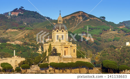 MESSINA, ITALY - NOVEMBER 06, 2018 - Panoramic view of the city and the Temple Christ the King in Sicily MESSINA, ITALY - NOVEMBER 06, 2018 - Panoramic view of the city and the Temple Christ the King in Sicily 141138683