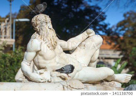 MESSINA, ITALY - NOVEMBER 06, 2018 - The fountain of Orion on Piazza del Duomo and its details MESSINA, ITALY - NOVEMBER 06, 2018 - The fountain of Orion on Piazza del Duomo and its details 141138700
