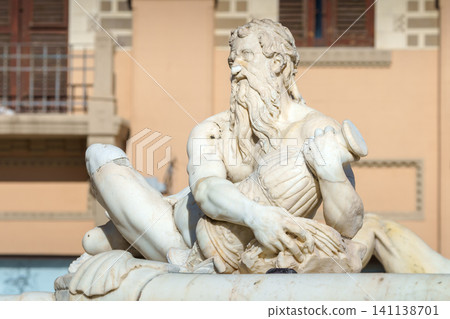 MESSINA, ITALY - NOVEMBER 06, 2018 - The fountain of Orion on Piazza del Duomo and its details 141138701