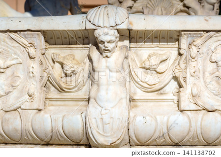 MESSINA, ITALY - NOVEMBER 06, 2018 - The fountain of Orion on Piazza del Duomo and its details MESSINA, ITALY - NOVEMBER 06, 2018 - The fountain of Orion on Piazza del Duomo and its details 141138702