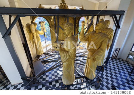 MESSINA, ITALY - NOVEMBER 06, 2018 - Decorations and interior golden elements of the Bell Tower of the Cathedral of Messina, Sicily MESSINA, ITALY - NOVEMBER 06, 2018 - Decorations and interior golden elements of the Bell Tower of the Cathedral of Messina, Sicily 141139098