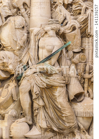 MARSEILLE, FRANCE - 10 Nov 2018 - Porte d'Aix triumphal arch and mostly its decoration elements MARSEILLE, FRANCE - 10 Nov 2018 - Porte d'Aix triumphal arch and mostly its decoration elements 141139257