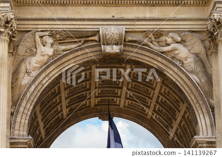 MARSEILLE, FRANCE - 10 Nov 2018 - Porte d'Aix triumphal arch and mostly its decoration elements MARSEILLE, FRANCE - 10 Nov 2018 - Porte d'Aix triumphal arch and mostly its decoration elements 141139267