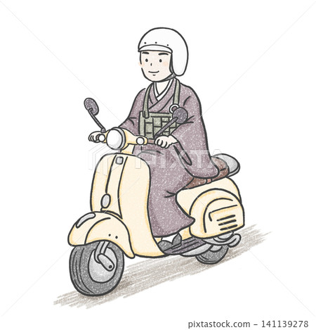 一位佛教僧侶騎著摩托車到寺廟。 141139278