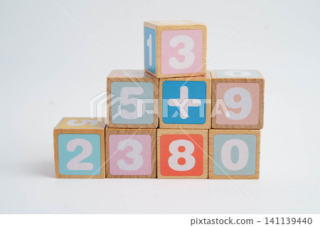 Number wood block cubes for learning Mathematic, education math concept. Number wood block cubes for learning Mathematic, education math concept. 141139440