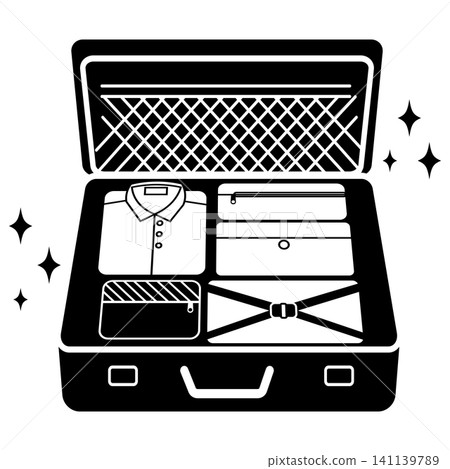 An icon of an open suitcase with clothes and accessories neatly packed inside. An icon of an open suitcase with clothes and accessories neatly packed inside. 141139789