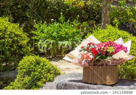 一籃康乃馨和繡球花,在鬱鬱蔥蔥的花園裡顯得格外美麗(母親節禮物) 一籃康乃馨和繡球花,在鬱鬱蔥蔥的花園裡顯得格外美麗(母親節禮物) 141139996