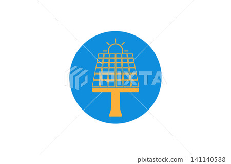 Graphic flat icon of a solar panel with a rising sun symbolizing renewable energy, clean power, sustainability and solar technology for eco-friendly energy projects and branding Graphic flat icon of a solar panel with a rising sun symbolizing renewable energy, clean power, sustainability and solar technology for eco-friendly energy projects and branding 141140588