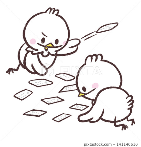 Illustration of white birds playing karuta Illustration of white birds playing karuta 141140610