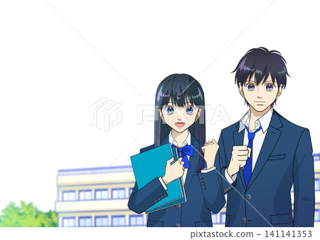 An anime-style illustration of a high school or middle school student (male or female) smiling and making a victory pose with the school building in the background, against a white background. An anime-style illustration of a high school or middle school student (male or female) smiling and making a victory pose with the school building in the background, against a white background. 141141353