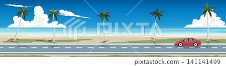 Horizontal or landscape depicts a scenic coastal asphalt road. Travels of red sedan car driving on asphalt road near the sea baech with coconut tree under clear sky. Copy space flat vector for banne. 141141499