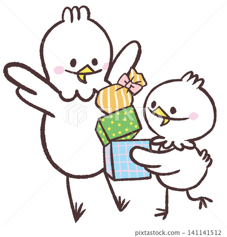 An illustration of a white bird handing over a pile of presents. 141141512