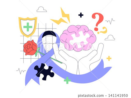 World Alzheimer's Day Illustration Featuring Brain Health Awareness, Purple Ribbon, Memory Loss, Dementia Prevention, and Neurological Care Support 141141950