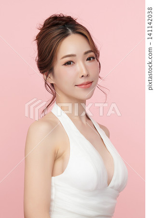 A beautiful young Asian woman with clean, fresh skin against a pink background. Skincare, facial treatment, cosmetology, beauty, and spa. An elegant portrait of an Asian woman. 141142038