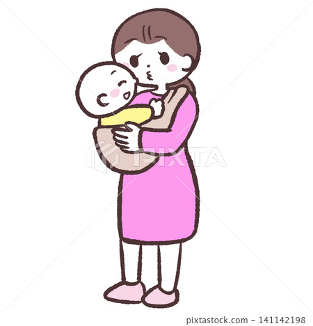 An illustration of a woman comforting a baby in a baby carrier. An illustration of a woman comforting a baby in a baby carrier. 141142198