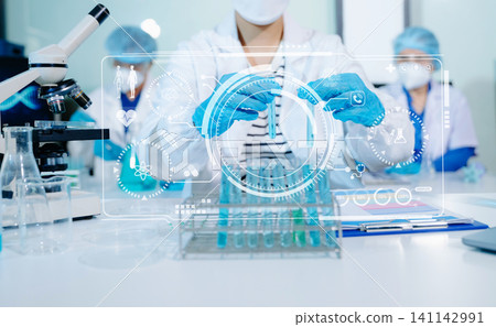 Modern medical research laboratory. female scientist hands working with micro pipettes analyzing biochemical samples, advanced science chemical laboratory Modern medical research laboratory. female scientist hands working with micro pipettes analyzing biochemical samples, advanced science chemical laboratory 141142991