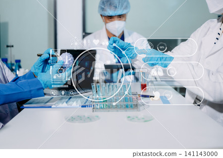 Scientists using advanced digital interface in laboratory. Healthcare technology, AI, data analysis, biotech research Scientists using advanced digital interface in laboratory. Healthcare technology, AI, data analysis, biotech research 141143000