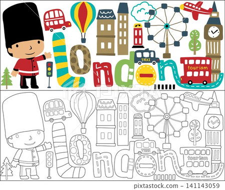 Vector set of cityscape London elements cartoon with little royal guard, coloring book or page Vector set of cityscape London elements cartoon with little royal guard, coloring book or page 141143059
