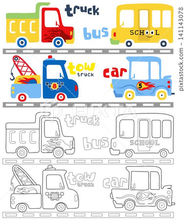 Vector illustration of vehicles cartoon, coloring book or page 141143078