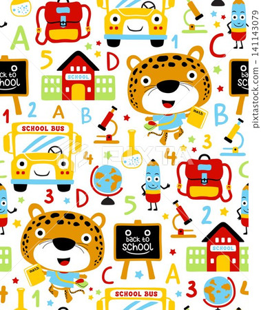 Seamless pattern vector of school elements cartoon with funny leopard Seamless pattern vector of school elements cartoon with funny leopard 141143079