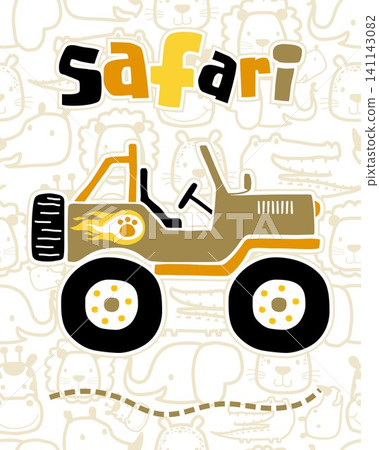 vector illustration of safari car cartoon on seamless pattern animals background 141143082