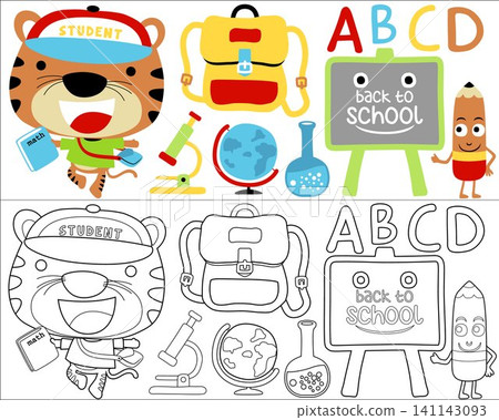 Vector illustration of funny tiger cartoon with school supplies, coloring book or page Vector illustration of funny tiger cartoon with school supplies, coloring book or page 141143093