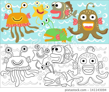 Vector illustration of sea monsters cartoon, coloring book or page Vector illustration of sea monsters cartoon, coloring book or page 141143094