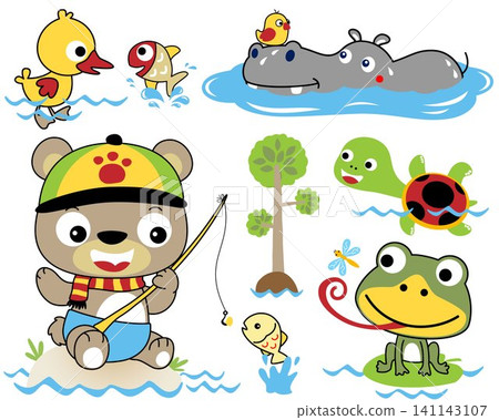 Vector set of funny animals cartoon in different activity Vector set of funny animals cartoon in different activity 141143107