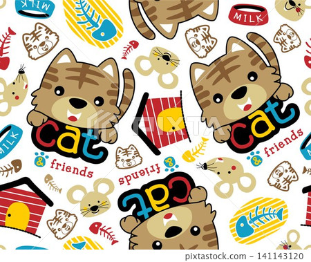 Vector seamless pattern of nice kitten cartoon and mouse with kitten's house, fishbone. Vector seamless pattern of nice kitten cartoon and mouse with kitten's house, fishbone. 141143120