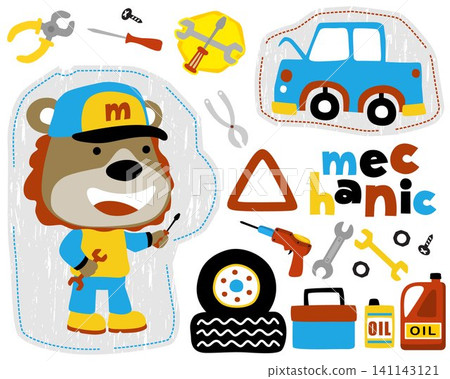 Cartoon of lion in mechanic costume with car and mechanic tools. Car mechanic elements illustration Cartoon of lion in mechanic costume with car and mechanic tools. Car mechanic elements illustration 141143121