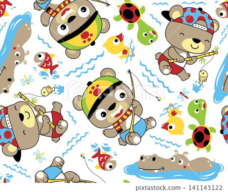 Vector seamless pattern of cute bear fishing, hippo, duck and turtle Vector seamless pattern of cute bear fishing, hippo, duck and turtle 141143122