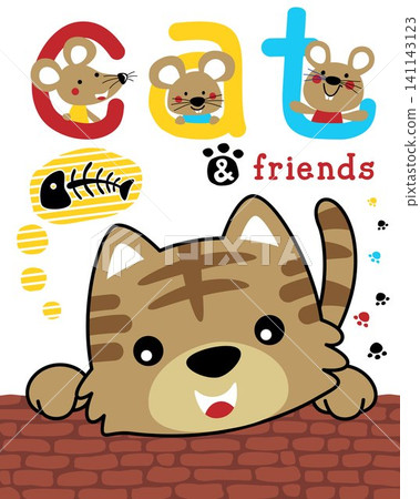 Vector illustration of cute kitten with three mice Vector illustration of cute kitten with three mice 141143123