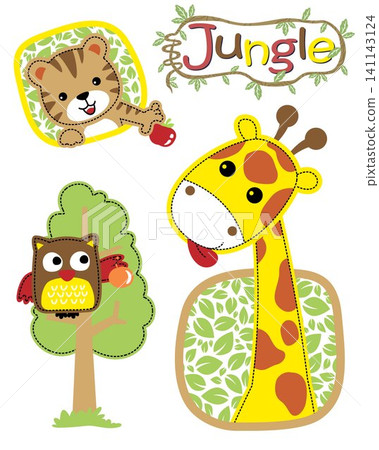 Vector illustration of jungle animals cartoon. Giraffe, tiger and owl perch on tree Vector illustration of jungle animals cartoon. Giraffe, tiger and owl perch on tree 141143124