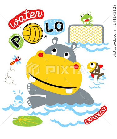 Cartoon of hippo playing water polo with frog, fish and dragonfly Cartoon of hippo playing water polo with frog, fish and dragonfly 141143125
