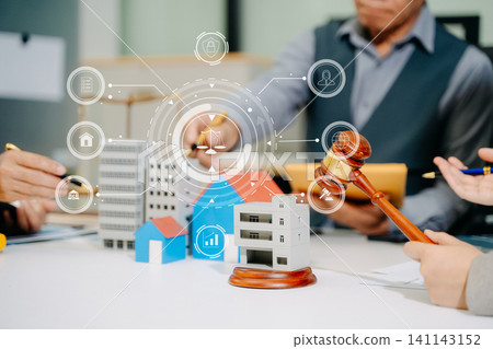Professional real estate law scene with contract signing, property models, and legal tools. Perfect for business, investment, finance 141143152