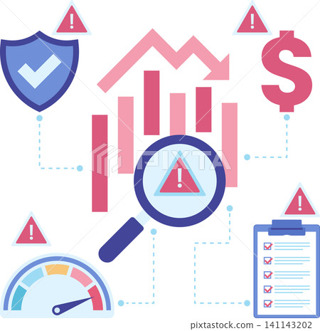 Financial Risk Analysis with Magnifying Glass and Declining Chart 141143202