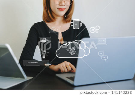 AI Artificial Intelligence. Business woman using AI technology for data analysis, coding computer language. Chat bot Chat with AI AI Artificial Intelligence. Business woman using AI technology for data analysis, coding computer language. Chat bot Chat with AI 141143228