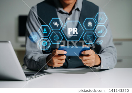 PR, Public relations concept. hands using laptop and tablet with public relations icon for communication advertising marketing strategy. with Ads and sales PR, Public relations concept. hands using laptop and tablet with public relations icon for communication advertising marketing strategy. with Ads and sales 141143250