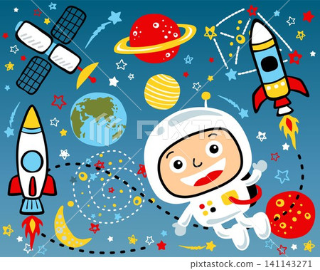 Vector cartoon of cute little boy in astronaut costume with space elements illustration 141143271