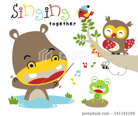 Funny cartoon of hippo singing with owl, bird, frog and bugs in forest Funny cartoon of hippo singing with owl, bird, frog and bugs in forest 141143289